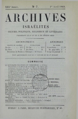 Archives israélites de France. Vol.30 N°07 (01 avr. 1869)